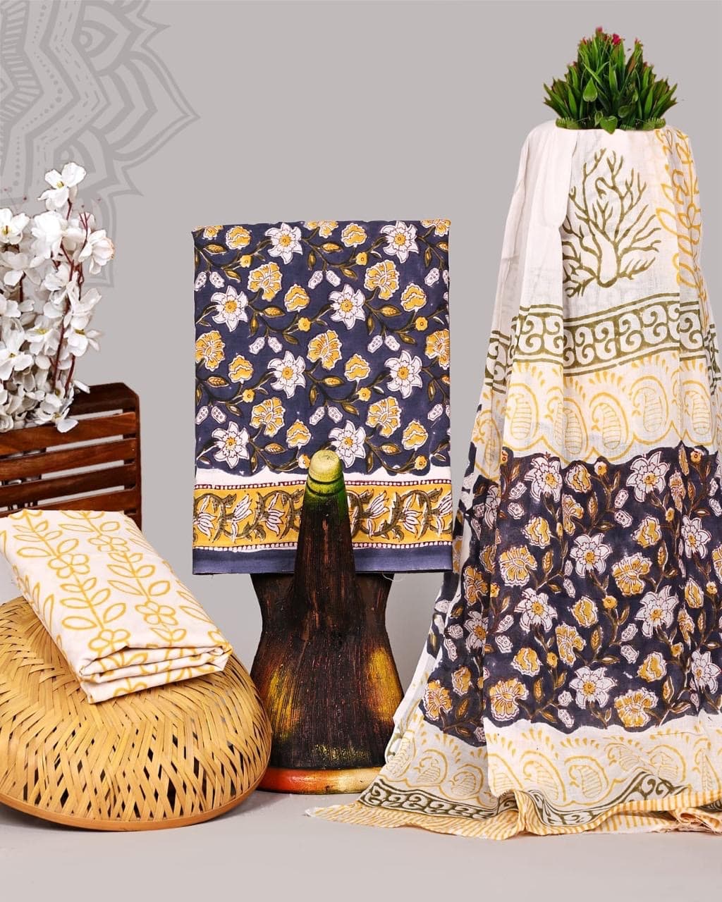 Navy Floral Hand Block Print Pure Cotton Suit Set with Mulmul Dupatta