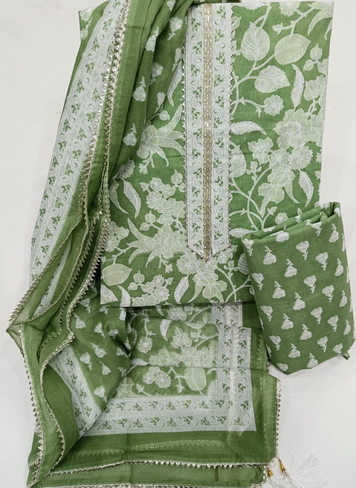 Sage Green Floral Print Cotton Suit Set with Gota Lace Neck