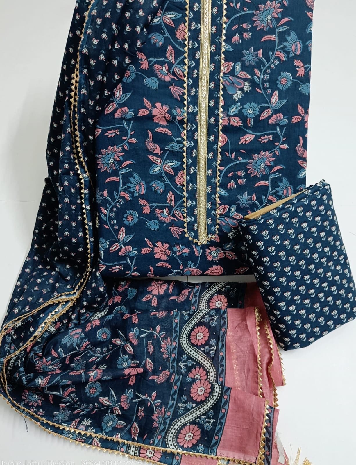 Navy Blue Floral Print Cotton Suit Set with Gota Lace Neck