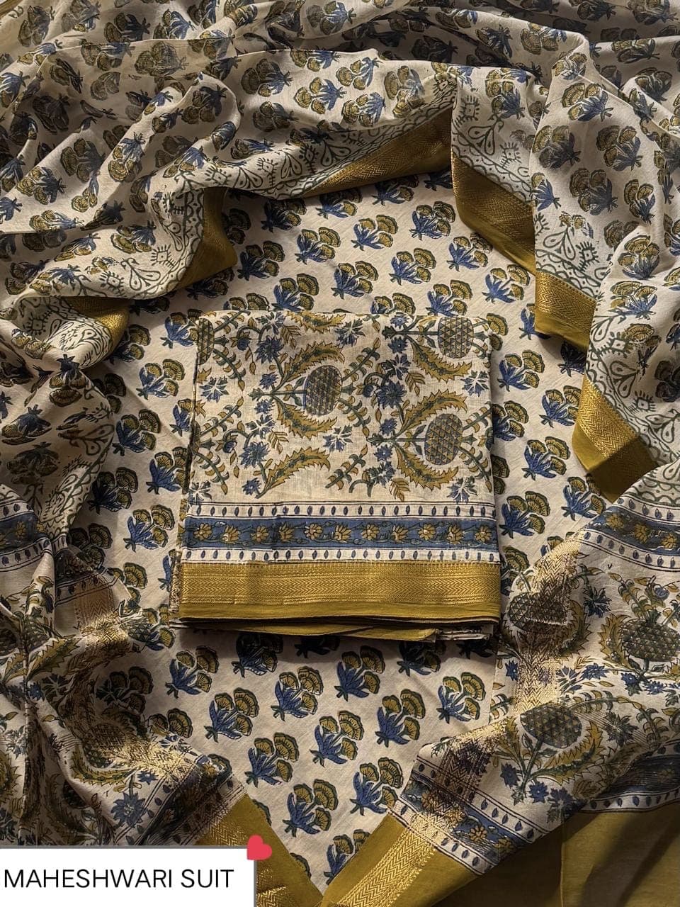 Olive Floral Paisley Block Print Maheshwari Silk Suit with Maheshwari Silk Dupatta