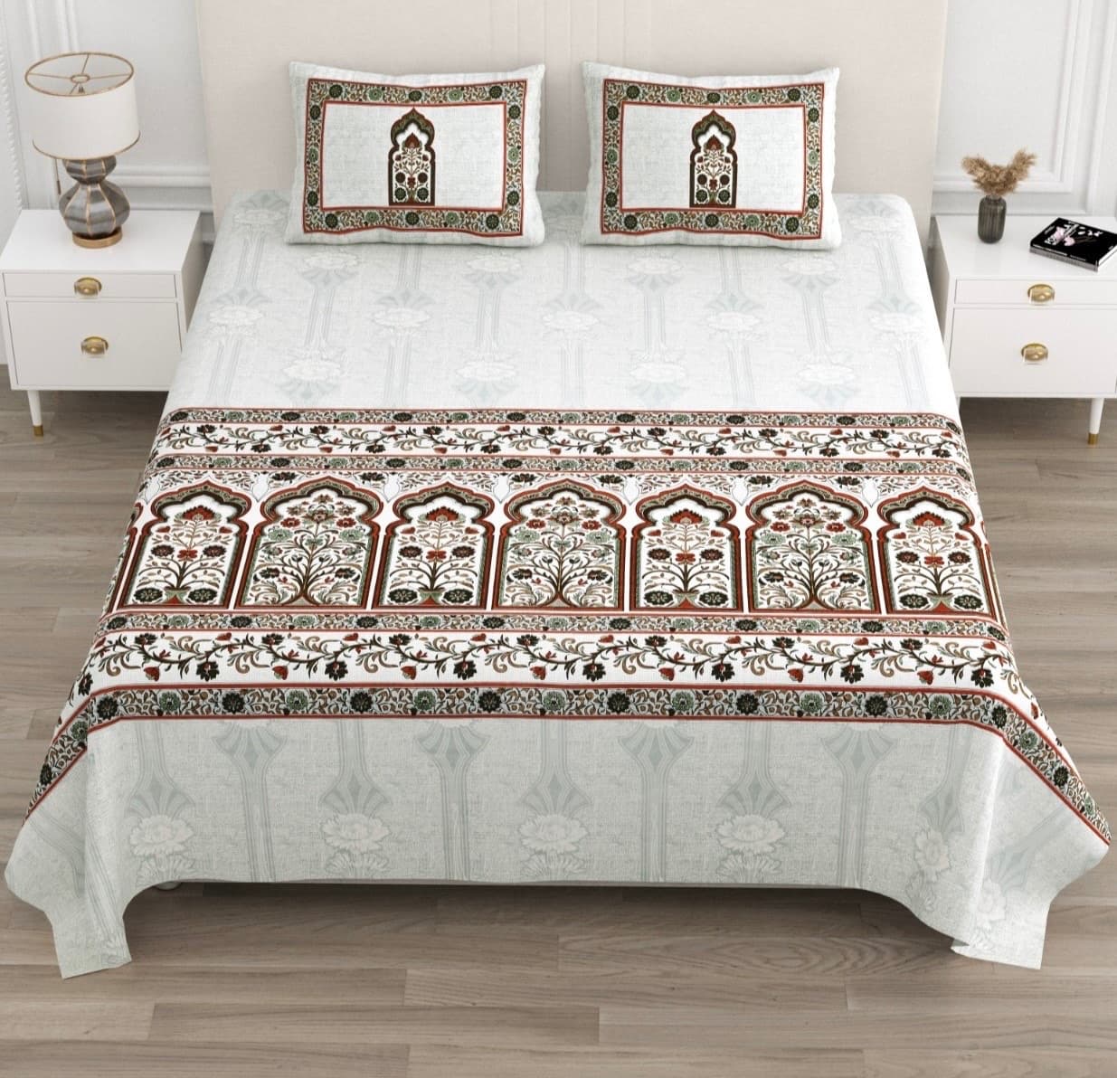 White Maroon Olive Rajasthani Floral Jharokha Print Cotton Bedsheet