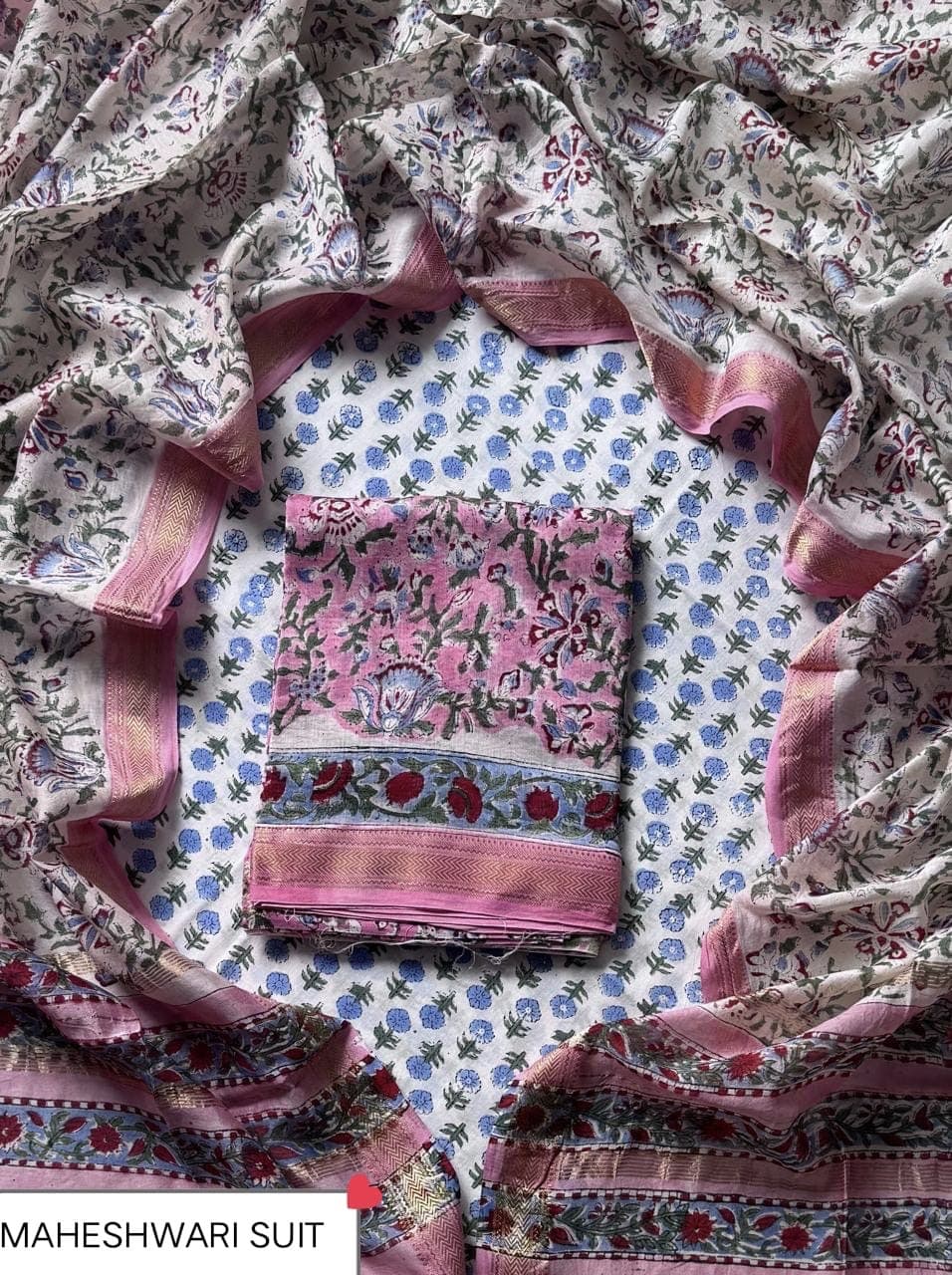 Pink Floral Block Print Maheshwari Silk Suit with Pomegranate Border Dupatta