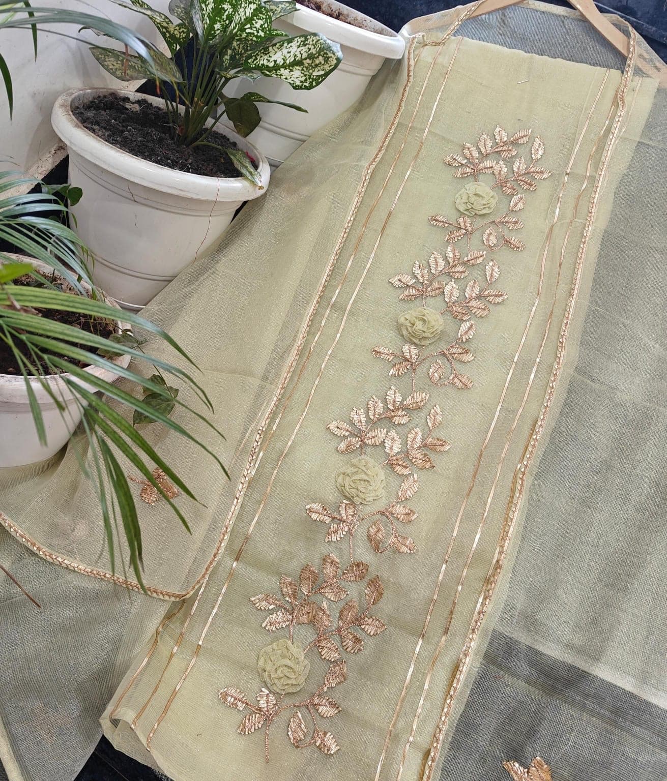 Pista Green & Gold Embroidered Organza Dupatta