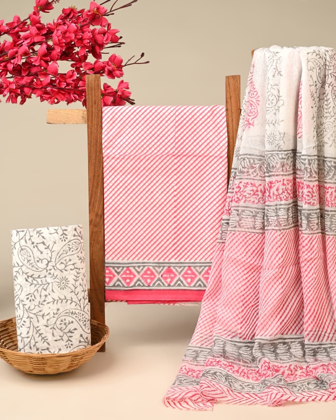 Pink Stripe Hand Block Print Pure Cotton Suit Set with Chiffon Dupatta