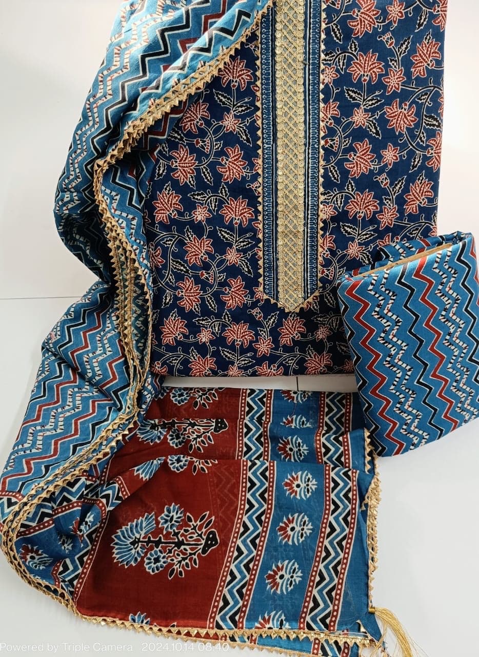 Indigo Blue Floral Print Cotton Suit Set with Gota Lace Neck