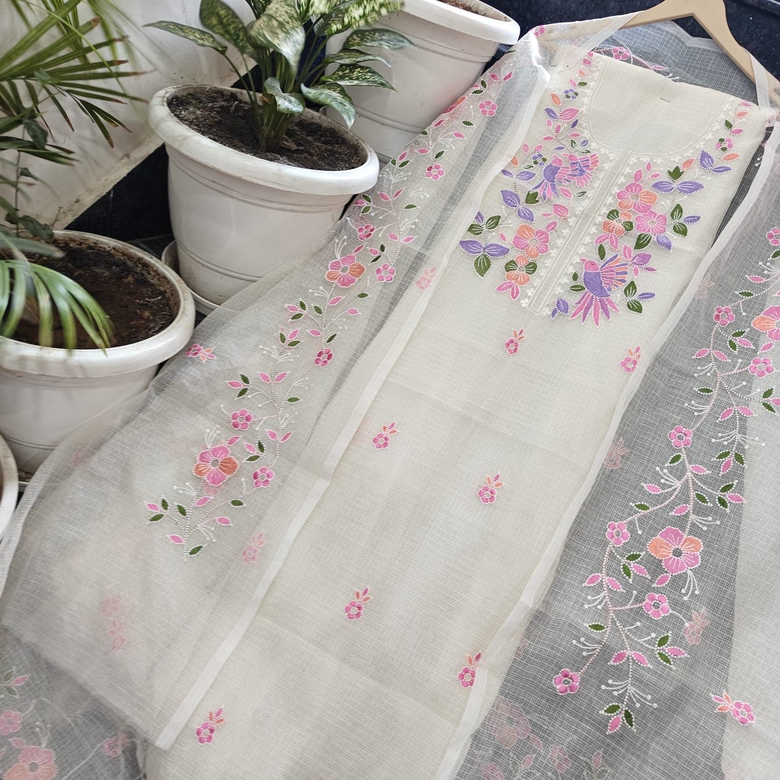 Ivory Kota Doria Bird Floral Embroidered Suit