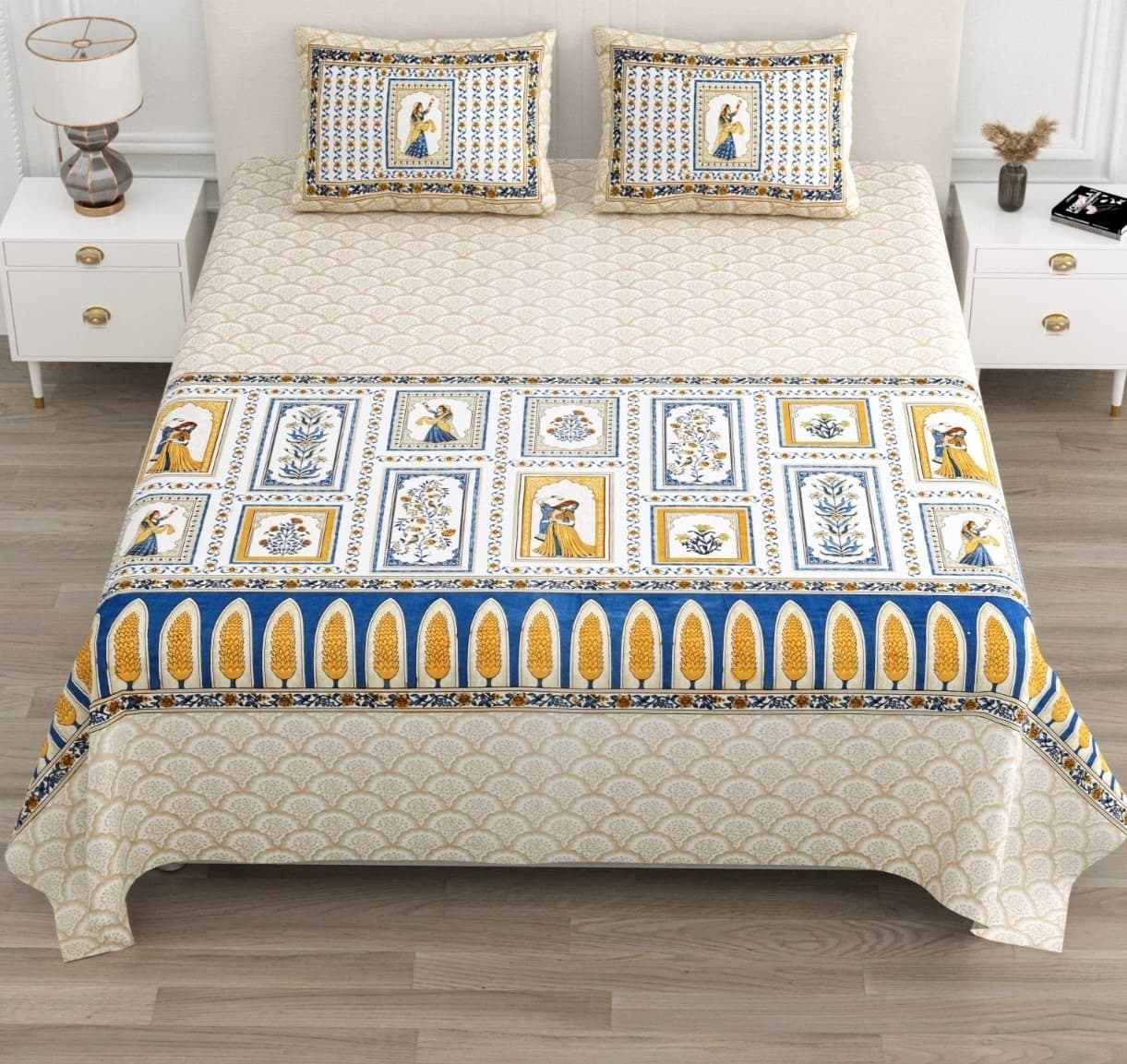 Cream Blue Mustard Rajasthani Miniature Print Cotton Bedsheet