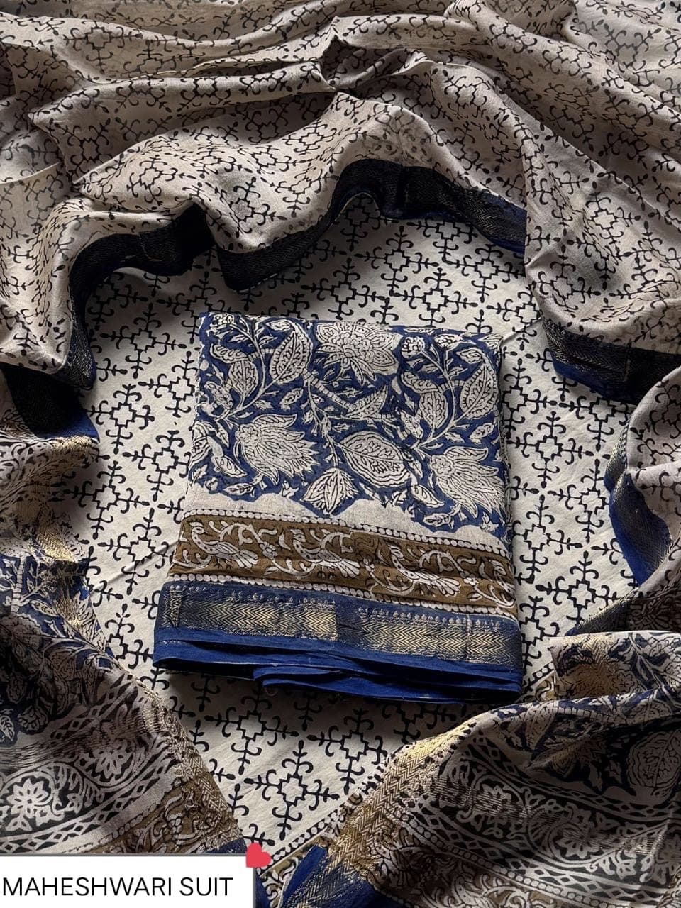 Indigo Blue Floral Block Print Maheshwari Silk Suit with Maheshwari Silk Dupatta