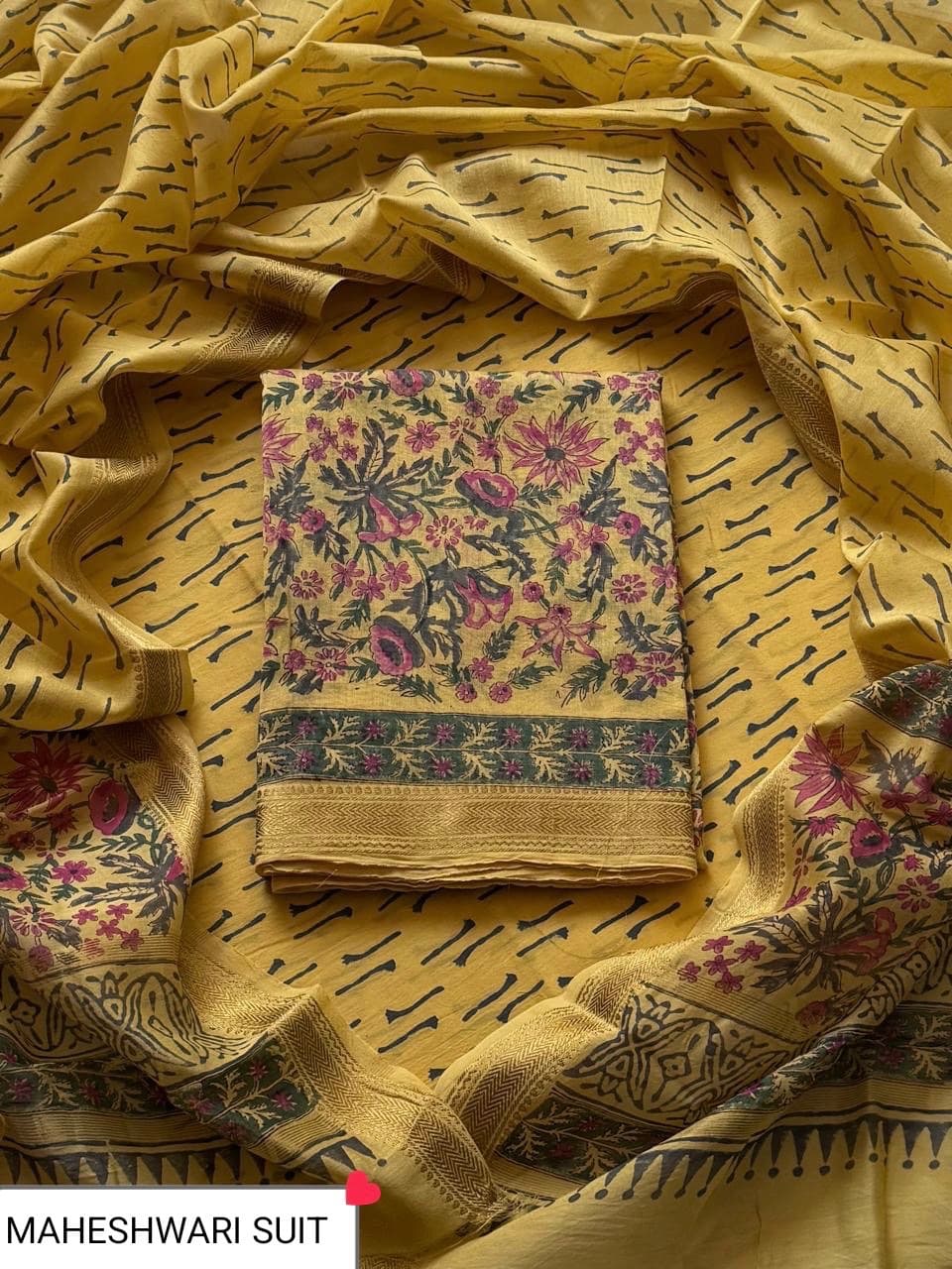 Mustard Yellow Floral Block Print Maheshwari Silk Suit with Maheshwari Silk Dupatta