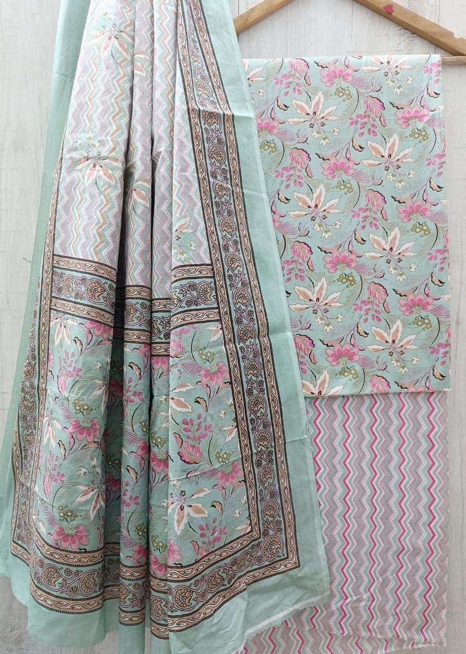 Sea Green Floral Cotton Suit Set with Zigzag Border Dupatta