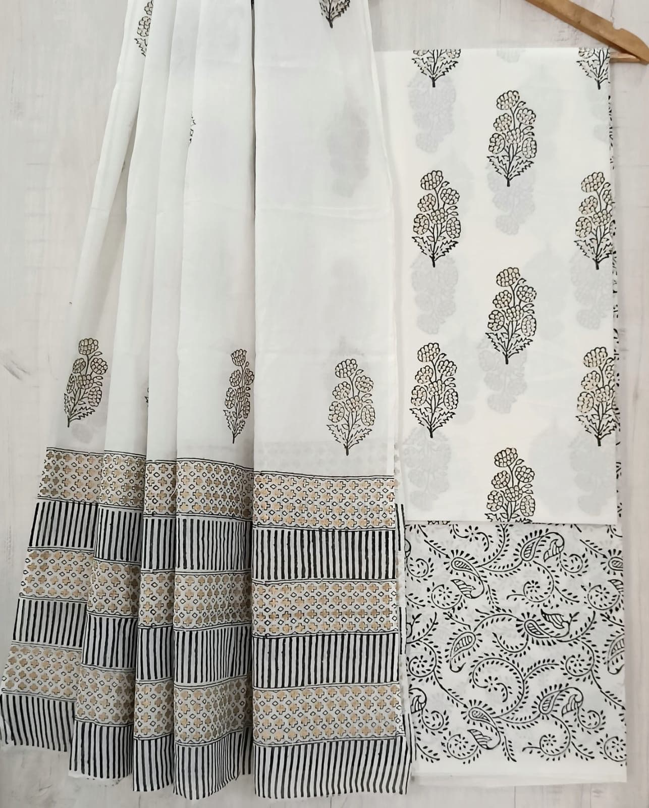 Ivory Black Floral Border Cotton Suit Set