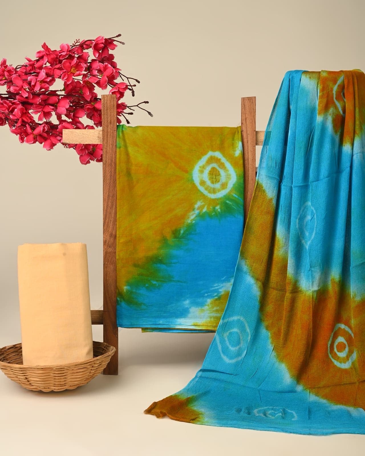 Turquoise Mustard Shibori Tie-Dye Pure Cotton Suit Set with Chiffon Dupatta
