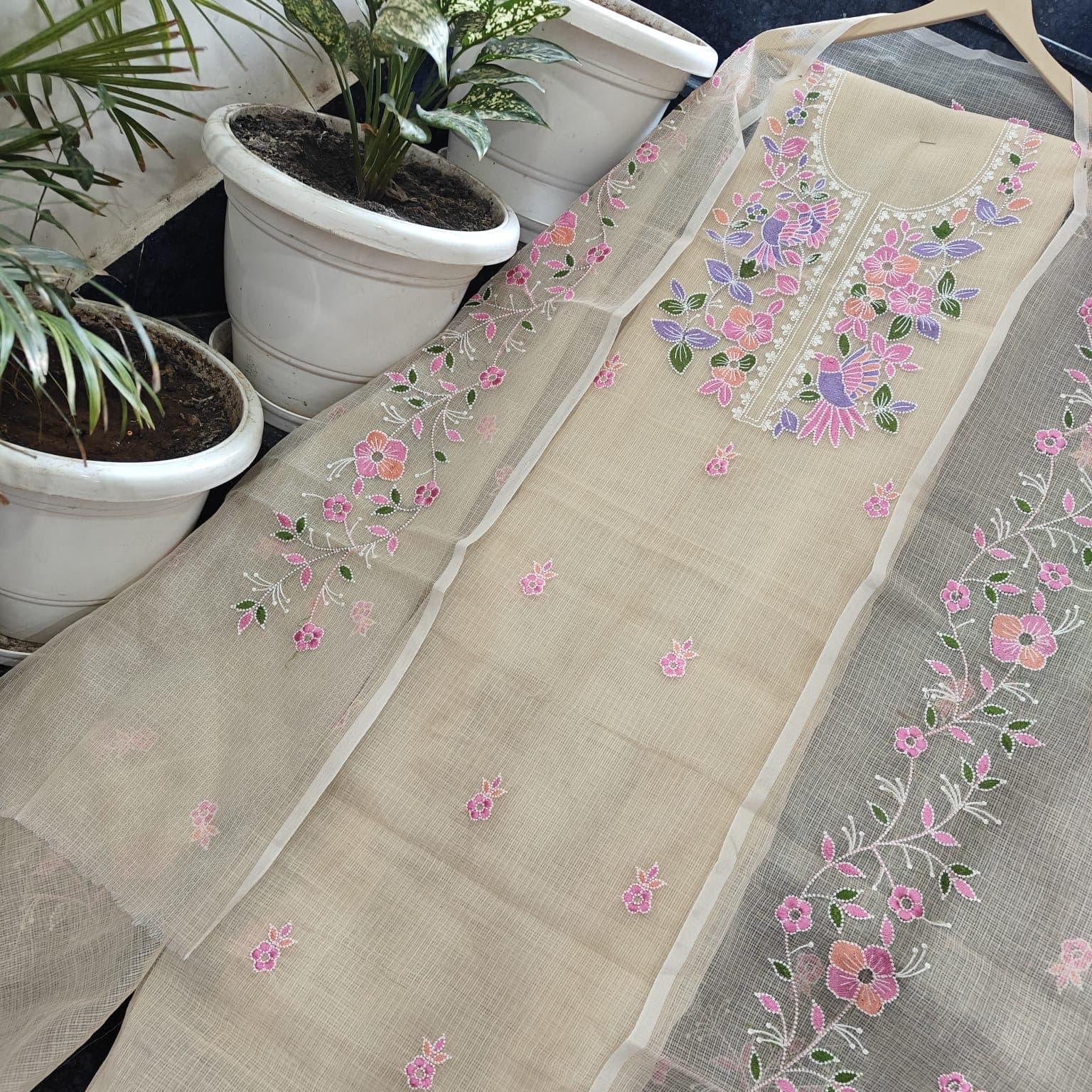 Beige Kota Doria Bird Floral Embroidered Suit