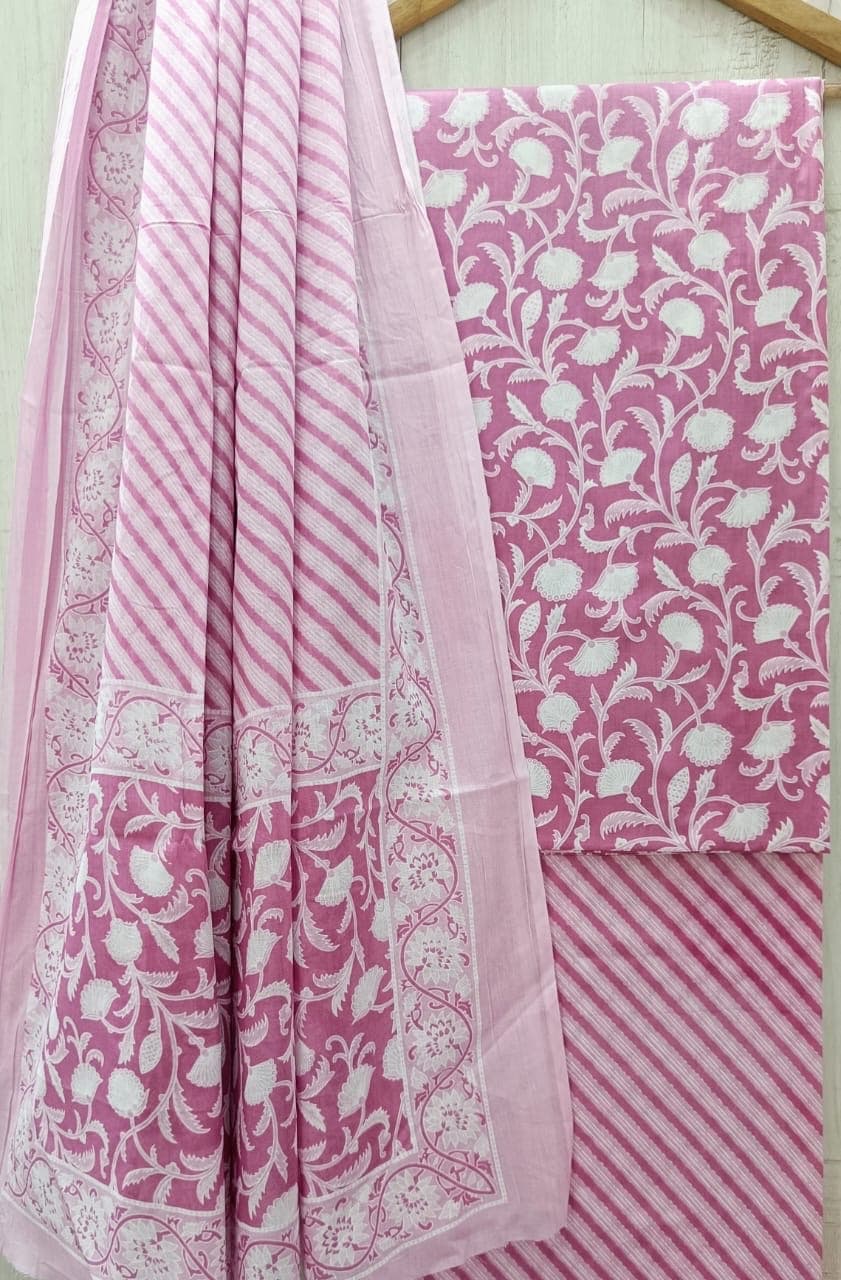 Pink Floral Vine Cotton Suit Set with Diagonal Stripe Dupatta