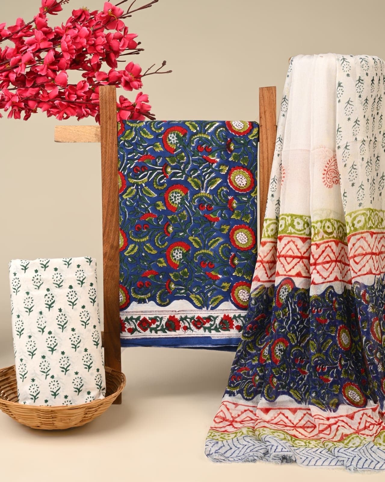 Indigo Blue Floral Hand Block Print Pure Cotton Suit Set with Chiffon Dupatta