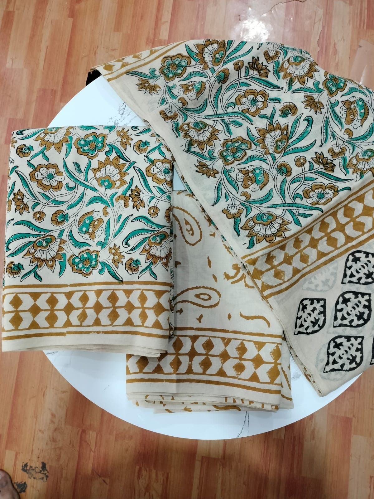 Cream Teal & Mustard Floral Block Print Cotton Suit Set