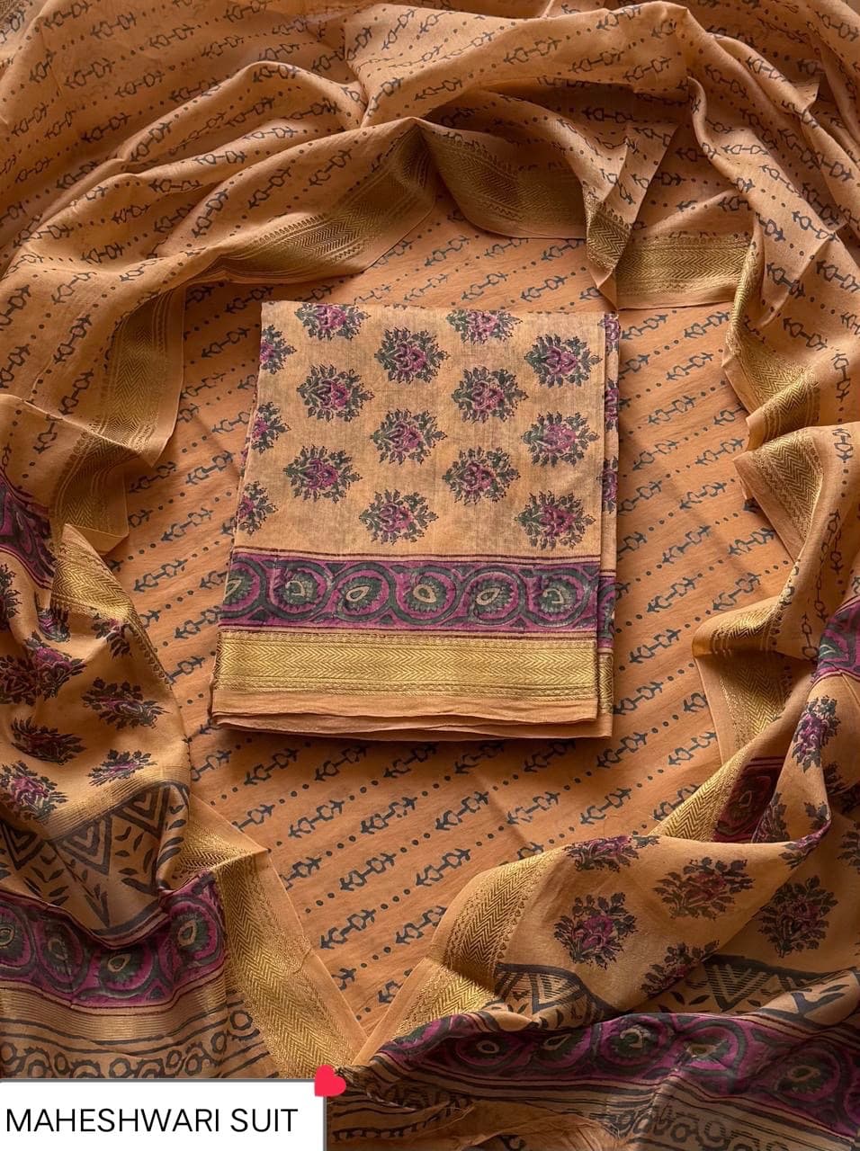 Peach Floral Booti Maheshwari Silk Suit with Maheshwari Silk Dupatta