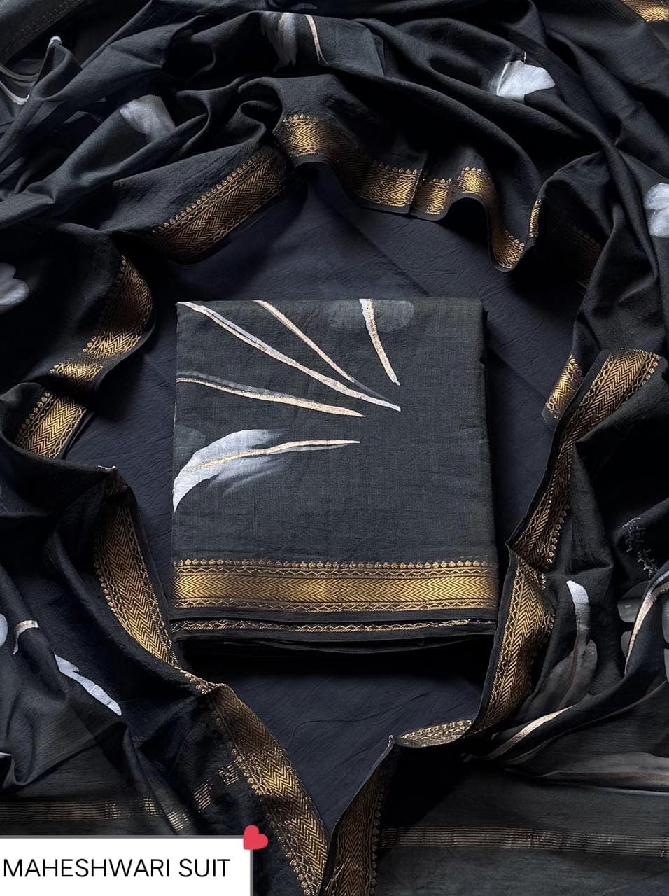 Black Hand-Painted Maheshwari Silk Suit with Zari Border & Maheshwari Silk Dupatta