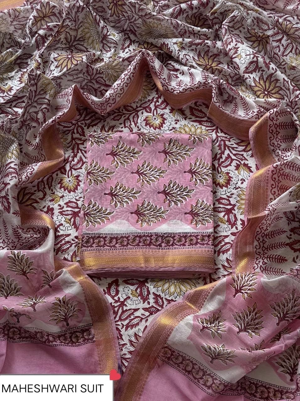 Blush Pink Leaf Spray Block Print Maheshwari Silk Suit with Maheshwari Silk Dupatta
