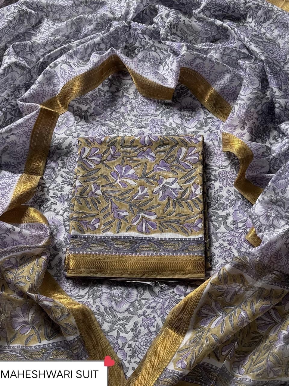 Mustard Lilac Floral Vine Block Print Maheshwari Silk Suit with Maheshwari Silk Dupatta