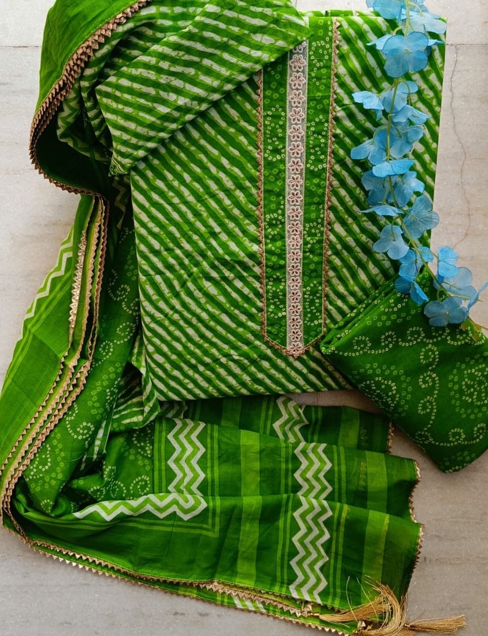 Green Leheriya Bandhani Print Cotton Suit Set with Gota Neck