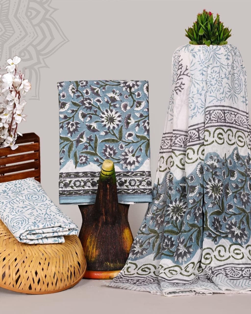 Dusty Blue Floral Hand Block Print Pure Cotton Suit Set with Mulmul Dupatta