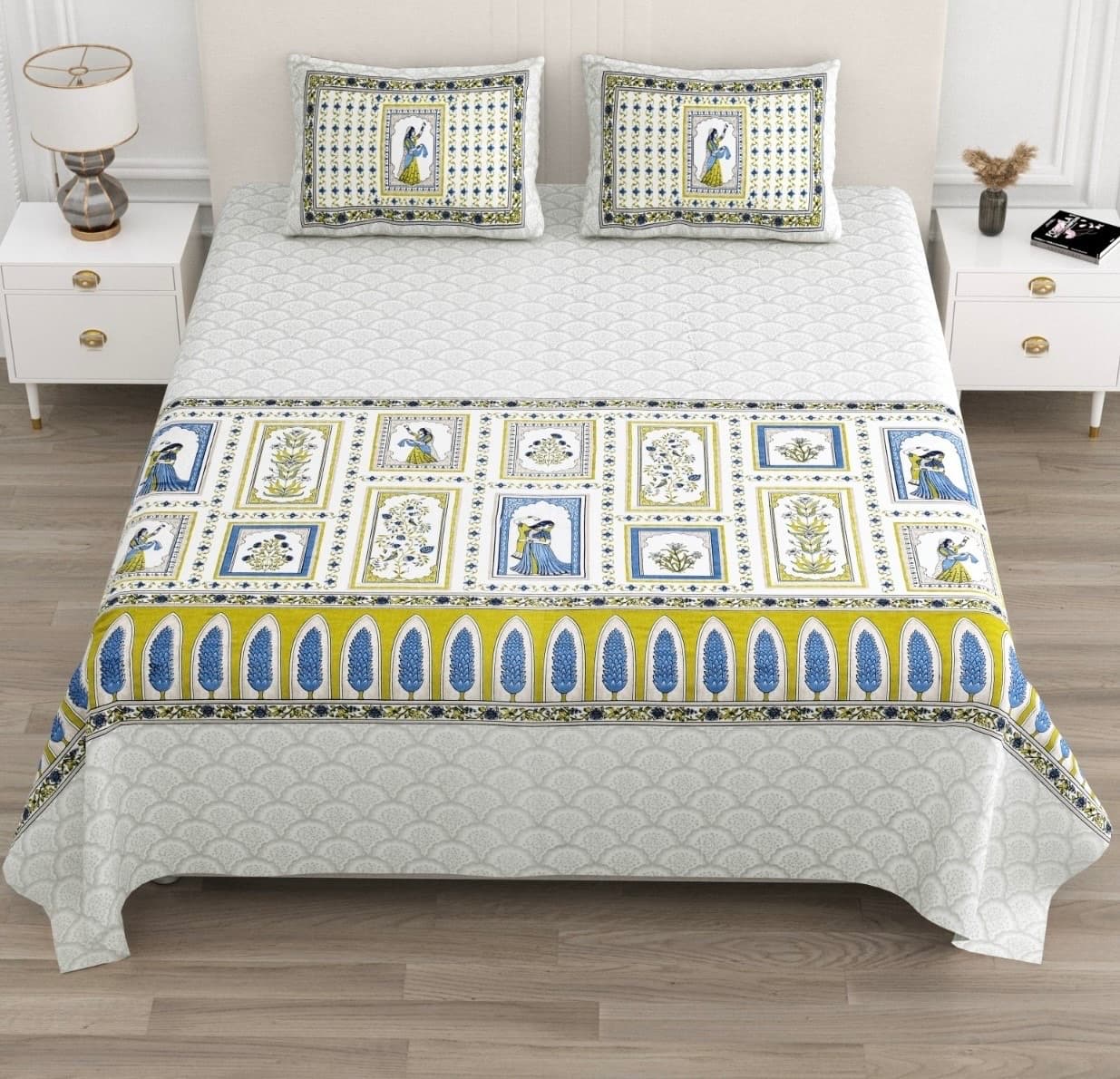 White Blue Marigold Rajasthani Miniature Print Cotton Bedsheet