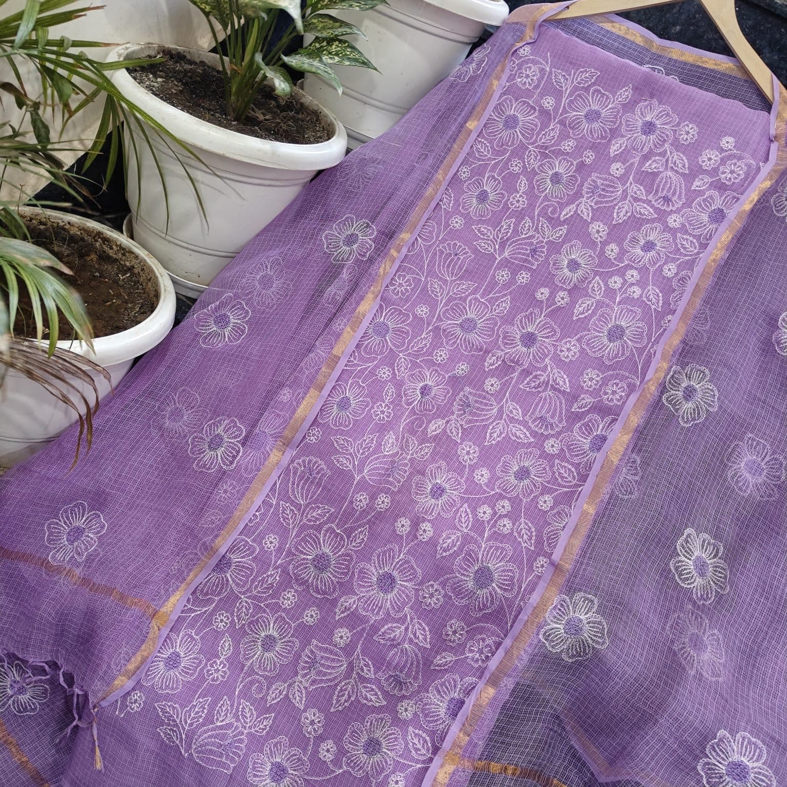 Lavender Kota Doria Floral Embroidered Suit
