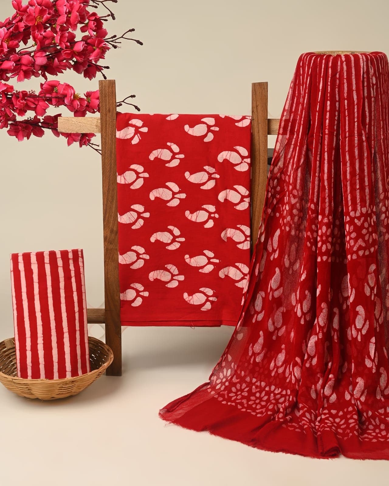 Red Batik Print Pure Cotton Suit Set with Chiffon Dupatta