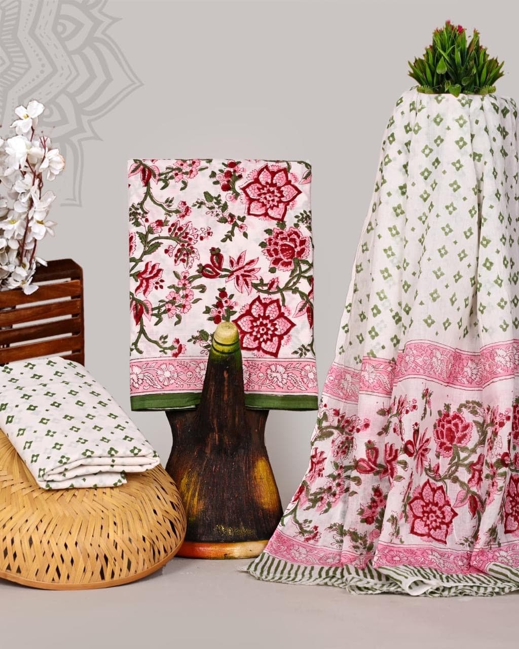 Ivory Rose Floral Hand Block Print Pure Cotton Suit Set with Mulmul Dupatta