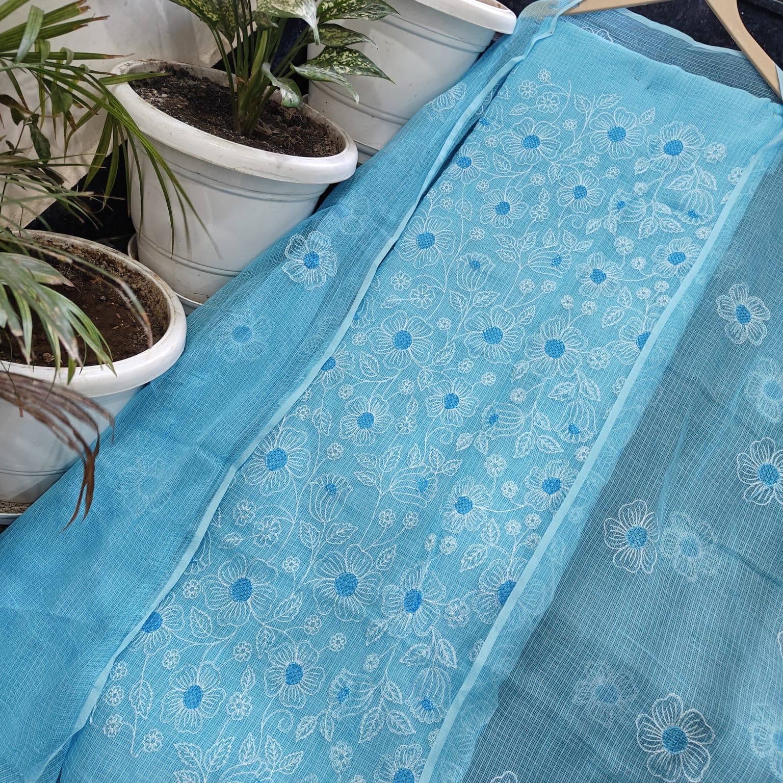 Sky Blue Kota Doria Floral Embroidered Suit