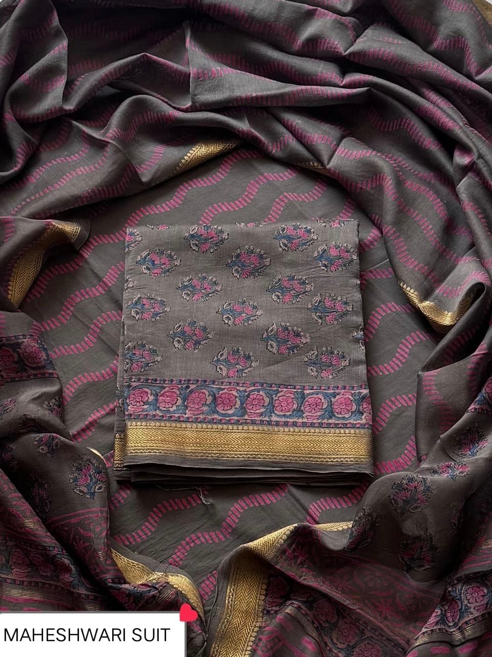 Charcoal Grey Pink Floral Maheshwari Silk Suit with Maheshwari Silk Dupatta