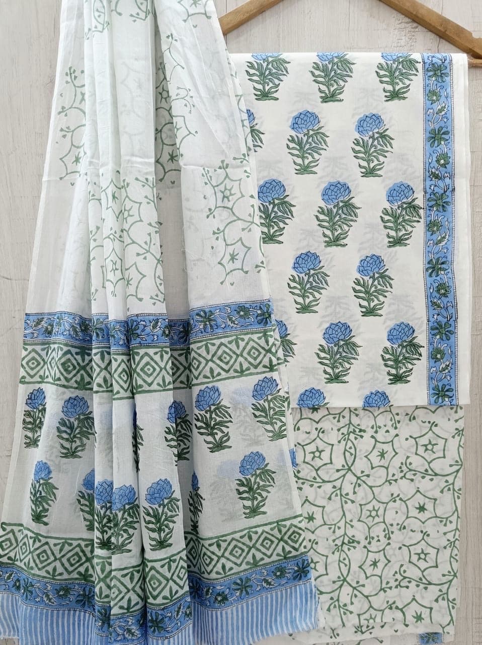 Ivory Blue Marigold Booti Cotton Suit Set