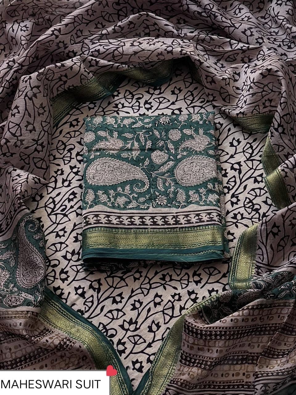 Teal Paisley Floral Block Print Maheshwari Silk Suit with Maheshwari Silk Dupatta