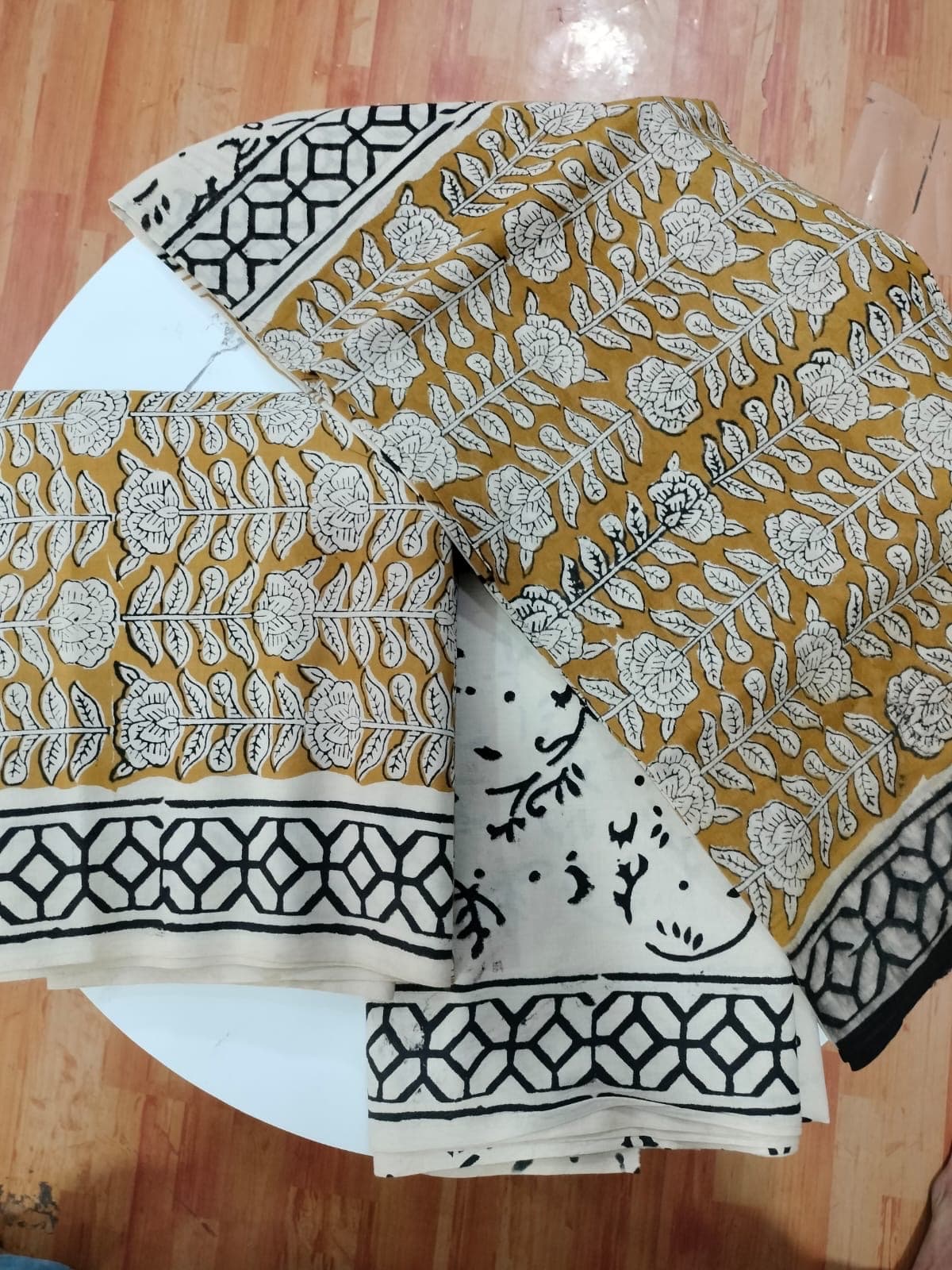 Mustard Yellow Rose Block Print Cotton Suit Set