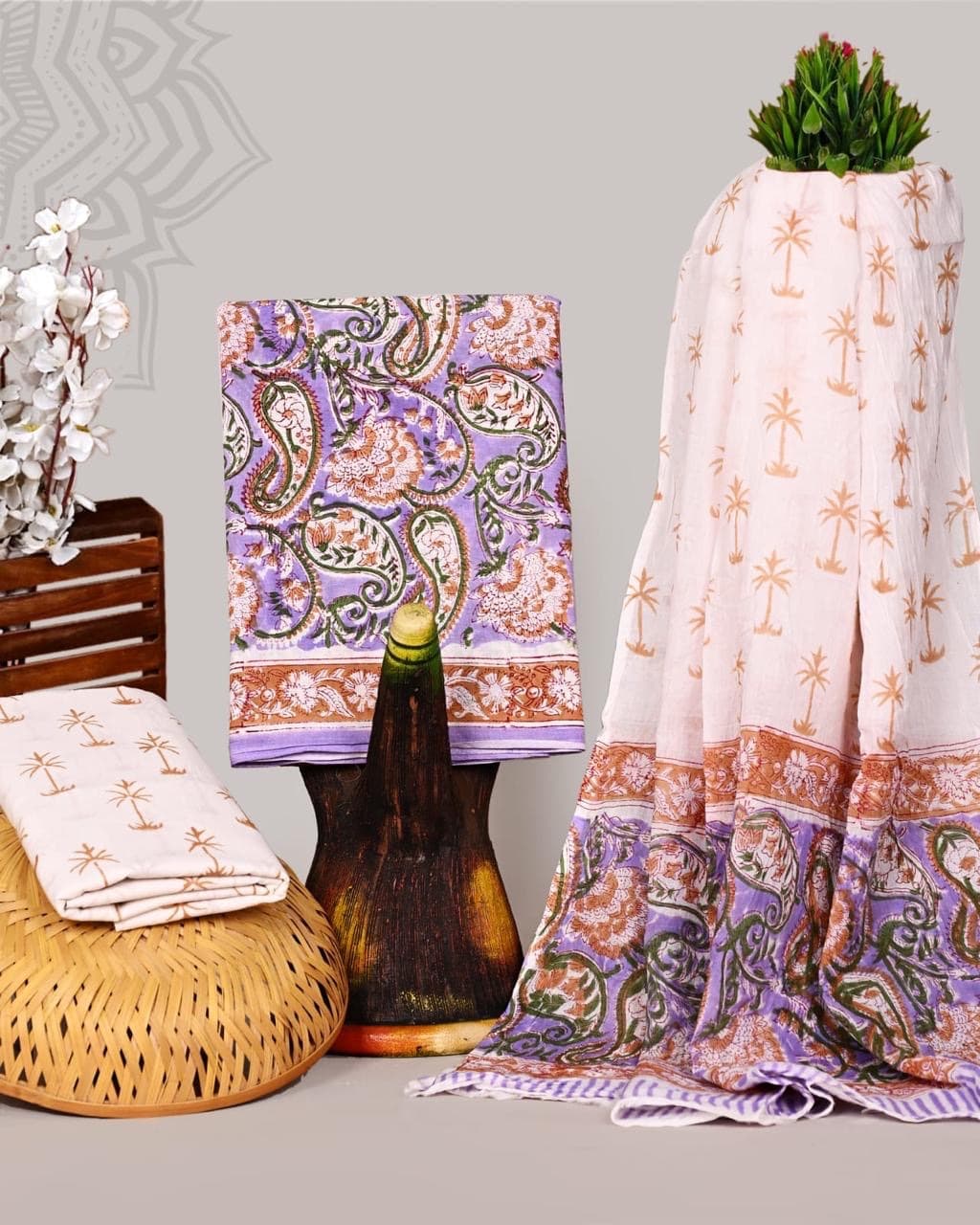 Lavender Paisley Floral Hand Block Print Pure Cotton Suit Set with Mulmul Dupatta