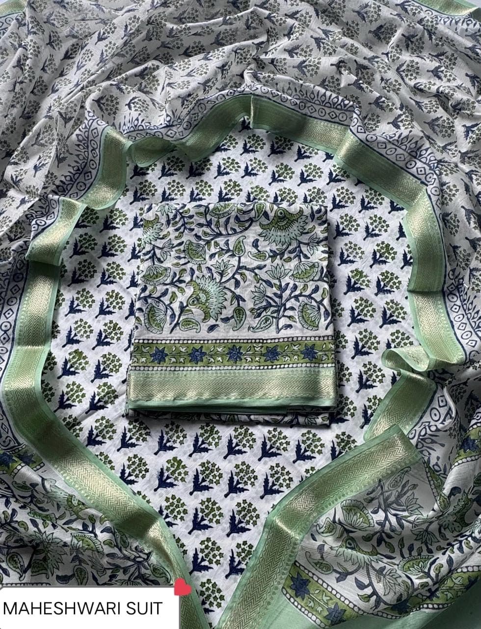 Sage Green Paisley Floral Block Print Maheshwari Silk Suit with Maheshwari Silk Dupatta